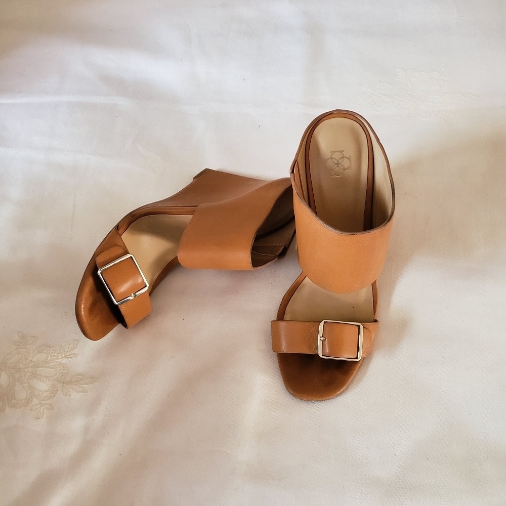 AnnTaylor, size 6, tan, heeled mules.